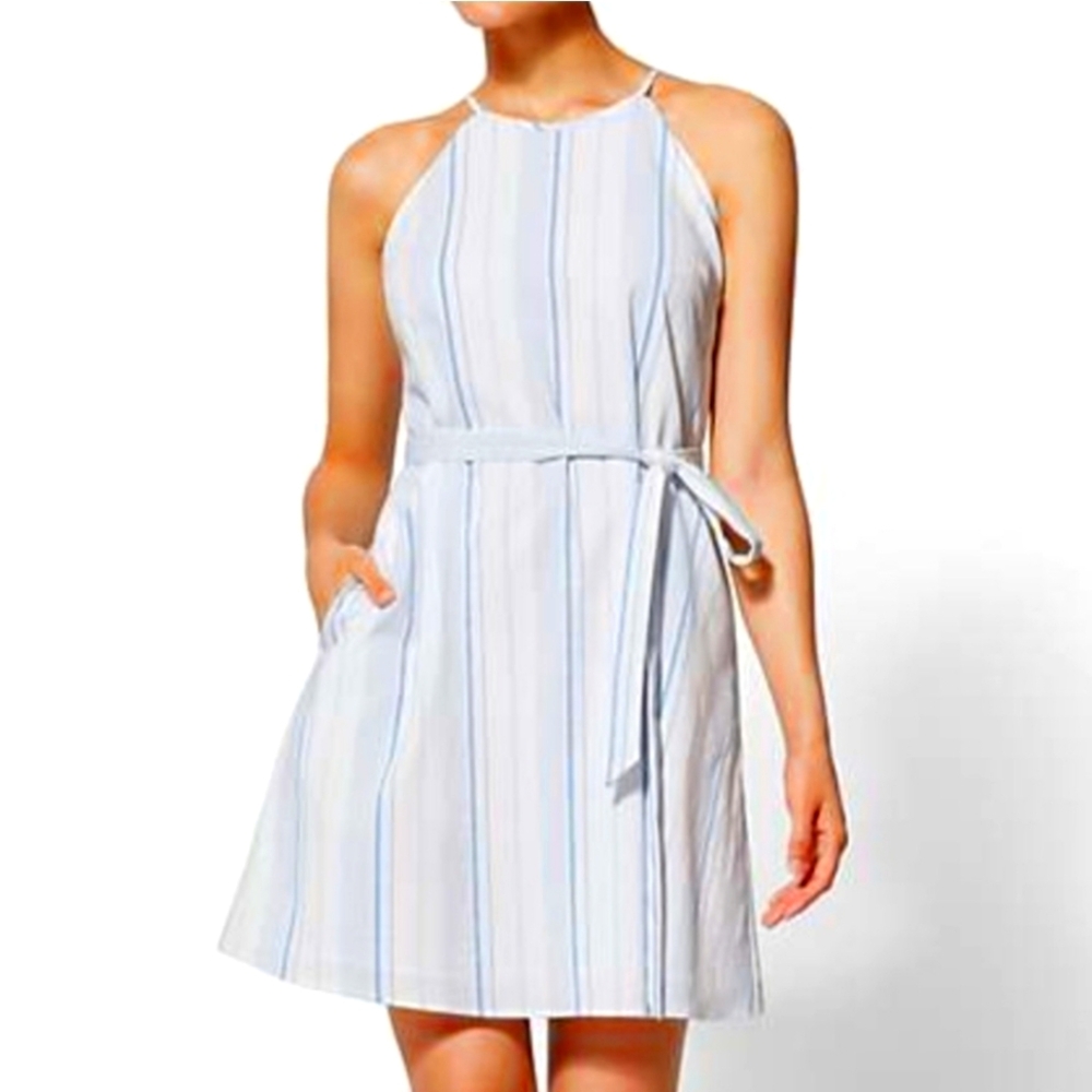 New York & Company Striped Sleeveless Belted A-Line‎ Dress L | Blue White Halter